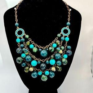 Vintage Multi-row Chunky Statement Costume Jewellery Necklace Aqua Turquoise